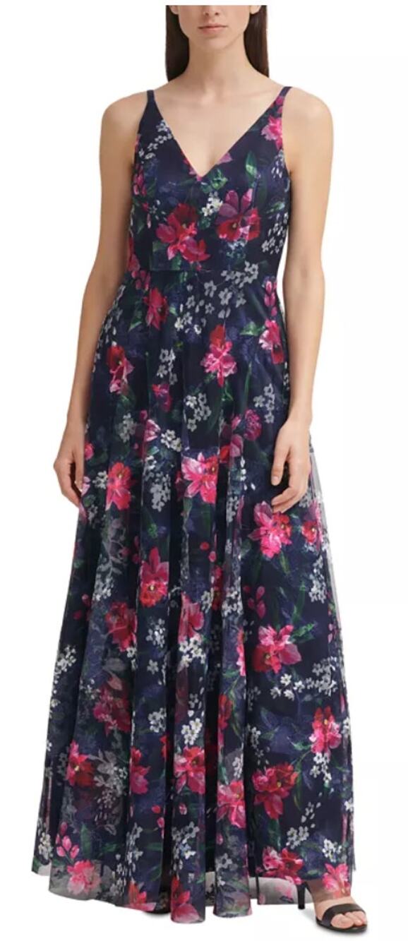 ELIZA J Floral Embroidered V-neck A-line Gown Maxi Dress Size 6 Navy Pink Formal